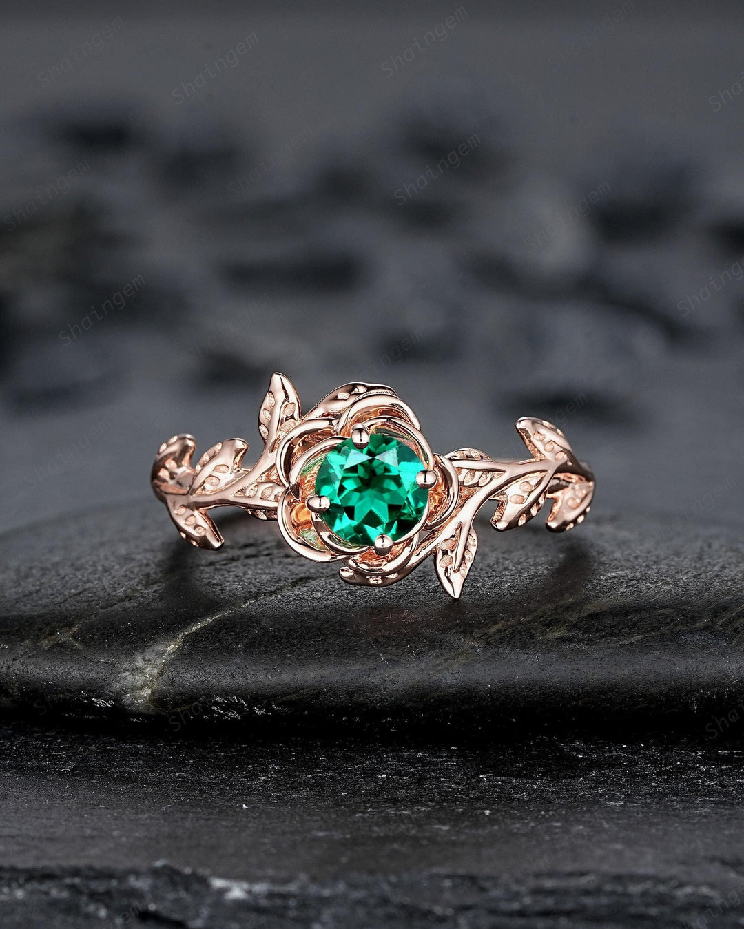 Vintage Round Cut Emerald Solitaire Engagement Ring, Leaf Promise Ring, Nature Inspired Rose Flower Wedding Ring, Rose Gold Ring for Women - ShainJewelry