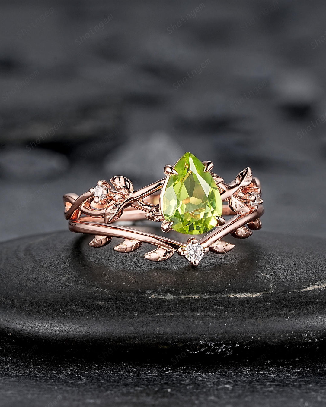 Nature Inspired Pear Shape Peridot Leaf Engagement Ring, Rose Gold Vine Wedding Ring, Twig Branch Promise Ring for Women August Birthstone - ShainJewelry
