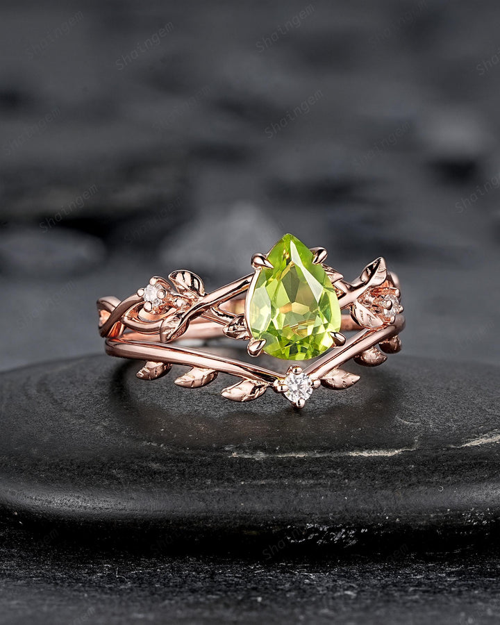 Nature Inspired Pear Shape Peridot Leaf Engagement Ring, Rose Gold Vine Wedding Ring, Twig Branch Promise Ring for Women August Birthstone - ShainJewelry