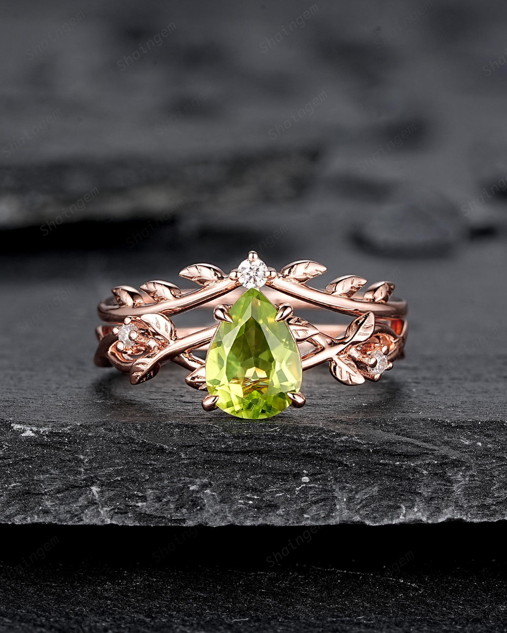 Nature Inspired Pear Shape Peridot Leaf Engagement Ring, Rose Gold Vine Wedding Ring, Twig Branch Promise Ring for Women August Birthstone - ShainJewelry