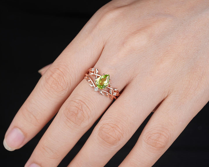 Nature Inspired Pear Shape Peridot Leaf Engagement Ring, Rose Gold Vine Wedding Ring, Twig Branch Promise Ring for Women August Birthstone - ShainJewelry