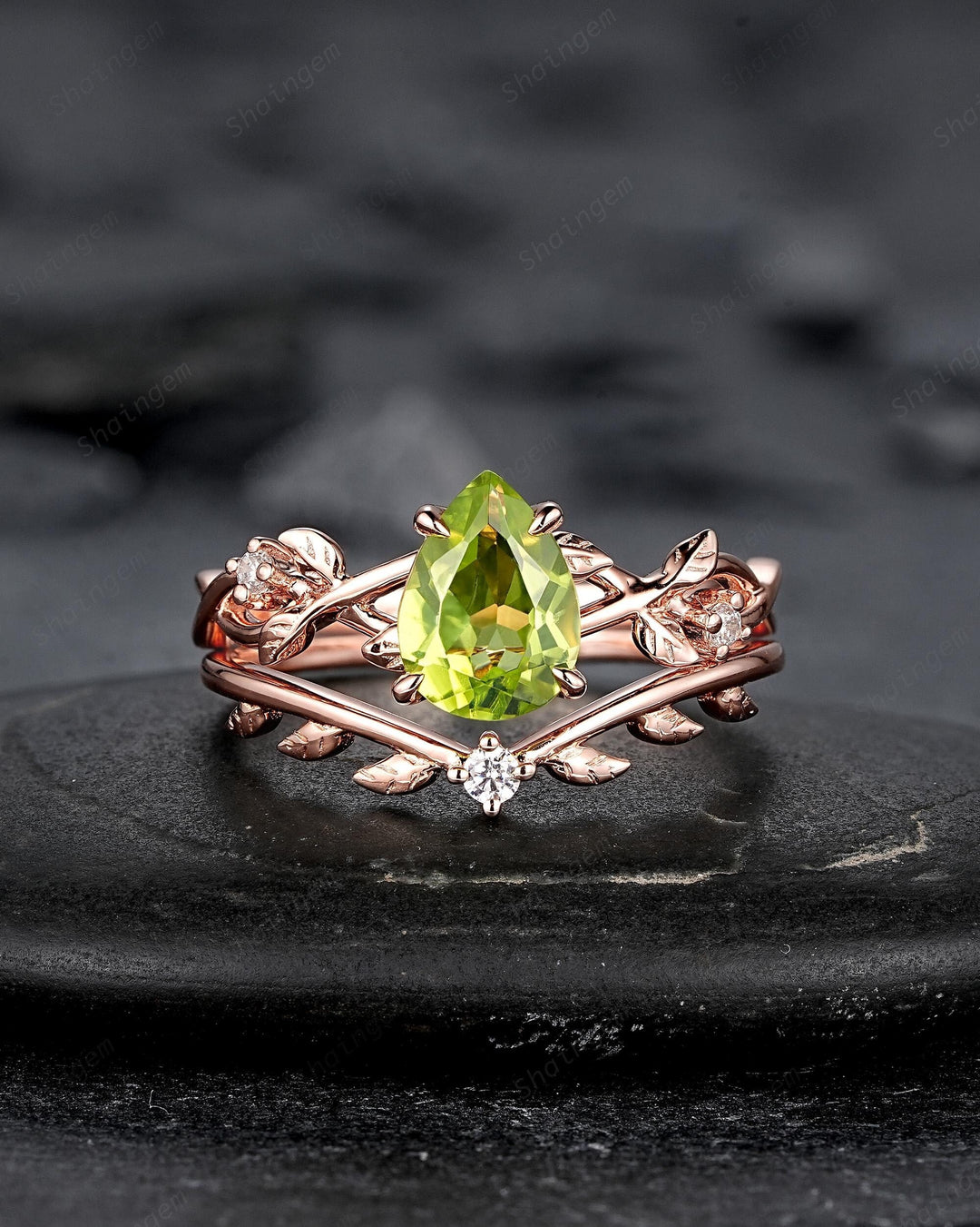 Nature Inspired Pear Shape Peridot Leaf Engagement Ring, Rose Gold Vine Wedding Ring, Twig Branch Promise Ring for Women August Birthstone - ShainJewelry
