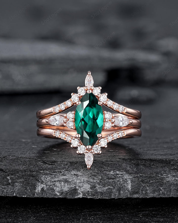3PCS Vintage Marquise Cut Green Emerald Engagement Ring Set, V Shape Rose Gold May Birthstone Promise Ring, Wedding Ring Gift for Women - ShainJewelry