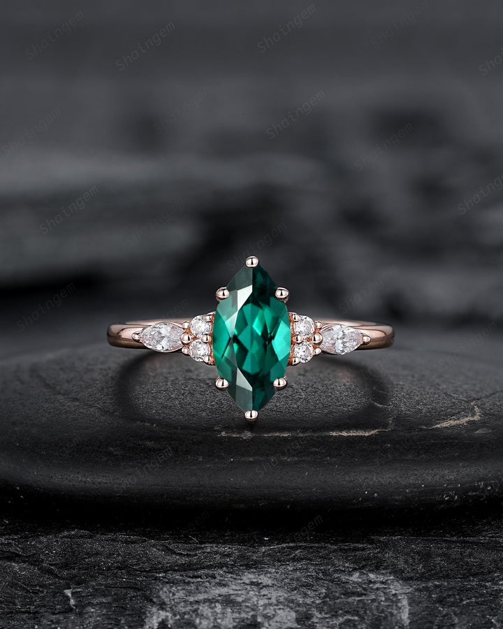 3PCS Vintage Marquise Cut Green Emerald Engagement Ring Set, V Shape Rose Gold May Birthstone Promise Ring, Wedding Ring Gift for Women - ShainJewelry