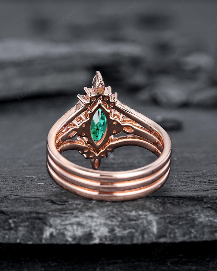 3PCS Vintage Marquise Cut Green Emerald Engagement Ring Set, V Shape Rose Gold May Birthstone Promise Ring, Wedding Ring Gift for Women - ShainJewelry