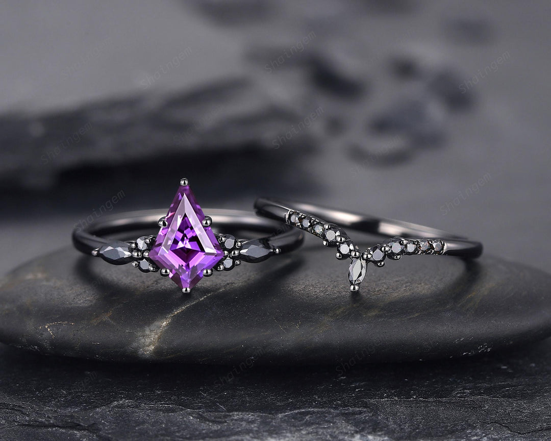 Unique Black Gold Kite Cut Violet Purple Sapphire Engagement Ring Set, Gothic Black Rhodium Wedding Ring, Punk Promise Ring Gift for Women - ShainJewelry