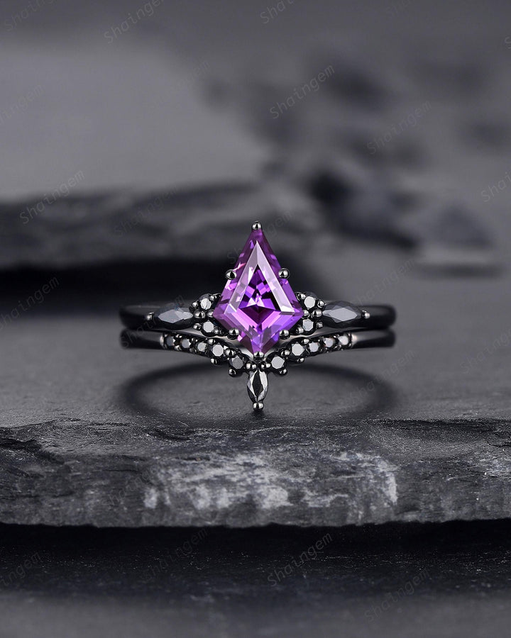 Unique Black Gold Kite Cut Violet Purple Sapphire Engagement Ring Set, Gothic Black Rhodium Wedding Ring, Punk Promise Ring Gift for Women - ShainJewelry