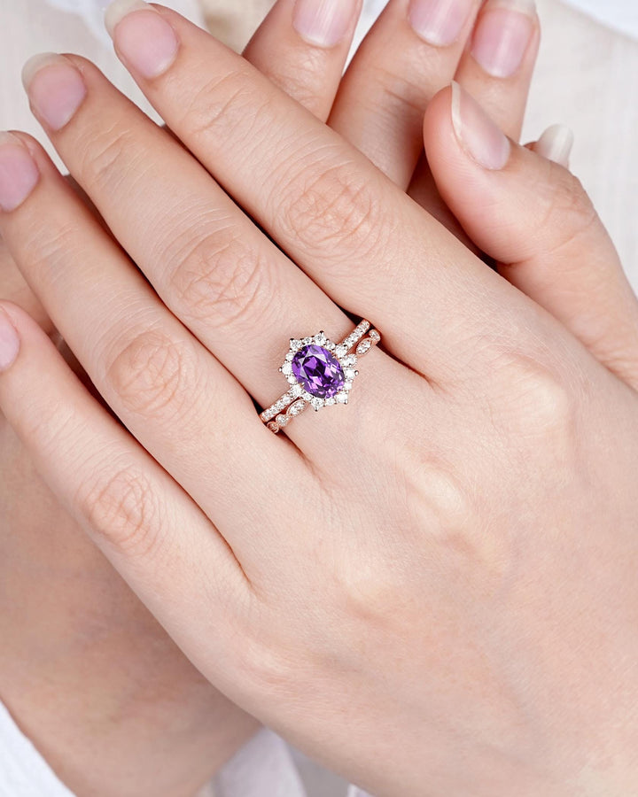 Purple Violet Sapphire and Diamond Engagement Ring Set, Oval Cut Sapphire Rose Gold Halo Wedding Promise Ring Anniversary Gift for Women - ShainJewelry
