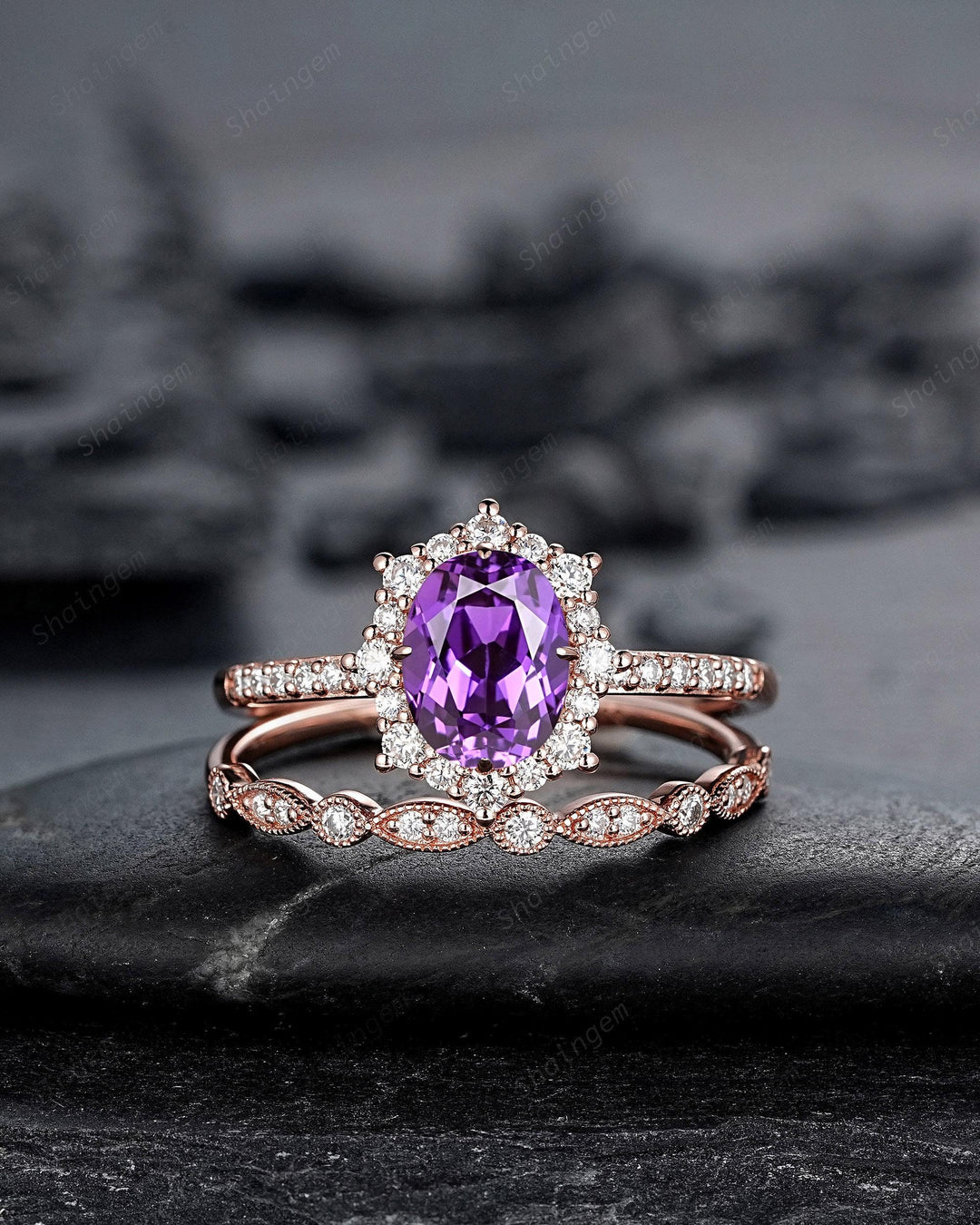 Purple Violet Sapphire and Diamond Engagement Ring Set, Oval Cut Sapphire Rose Gold Halo Wedding Promise Ring Anniversary Gift for Women - ShainJewelry