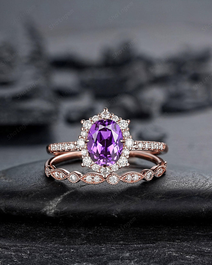 Purple Violet Sapphire and Diamond Engagement Ring Set, Oval Cut Sapphire Rose Gold Halo Wedding Promise Ring Anniversary Gift for Women - ShainJewelry