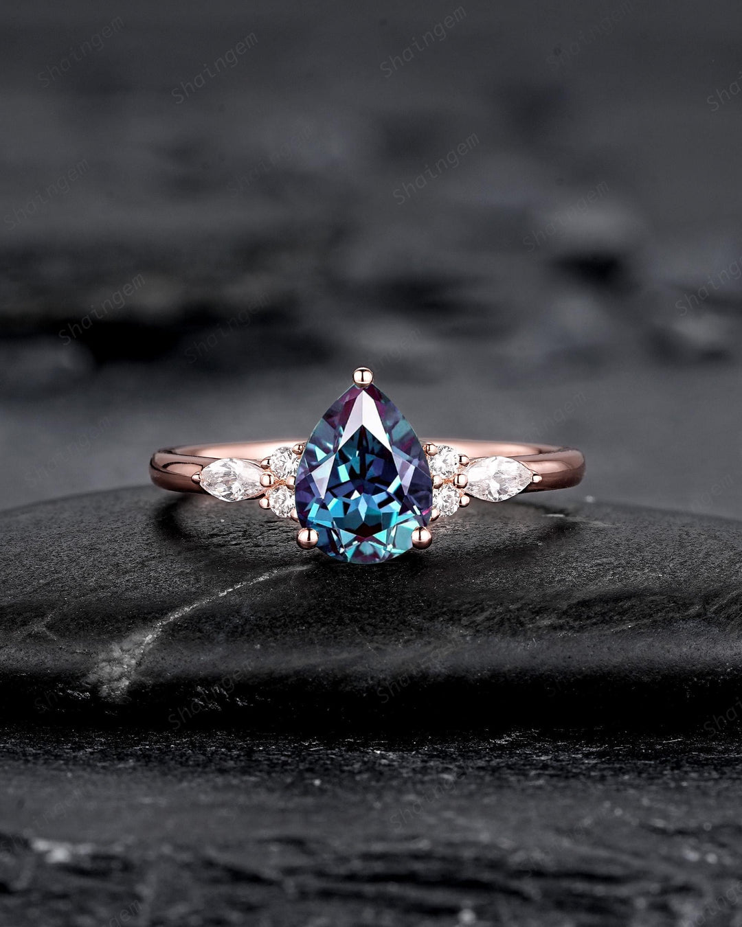 Vintage Pear Shape Alexandrite Engagement Ring Set, Rose Gold Promise Ring Bridal Set, June Birthstone Wedding Ring Anniversary Gift for her - ShainJewelry