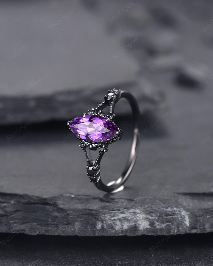 Gothic Back Gold Marquise Cut Violet Purple Sapphire Engagement Ring, Black Rhodium Wedding Ring, Promise Ring Anniversary Gift for Women - ShainJewelry
