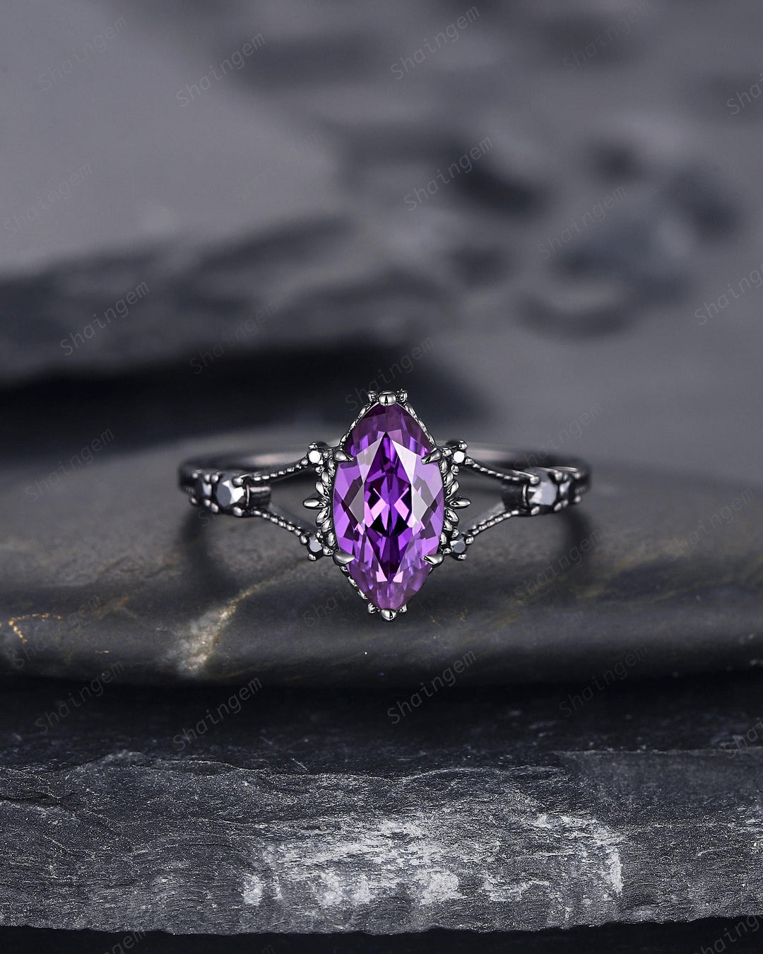 Gothic Back Gold Marquise Cut Violet Purple Sapphire Engagement Ring, Black Rhodium Wedding Ring, Promise Ring Anniversary Gift for Women - ShainJewelry