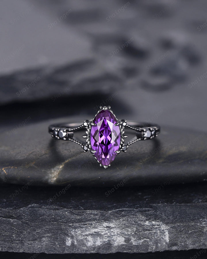 Gothic Back Gold Marquise Cut Violet Purple Sapphire Engagement Ring, Black Rhodium Wedding Ring, Promise Ring Anniversary Gift for Women - ShainJewelry