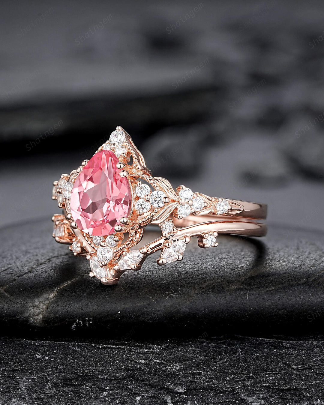 Vintage Pear Shape Padparadscha Pink Sapphire and Diamond Engagement Ring Set, Rose Gold Twig Branch Wedding Ring Bridal Set, Promise Ring - ShainJewelry