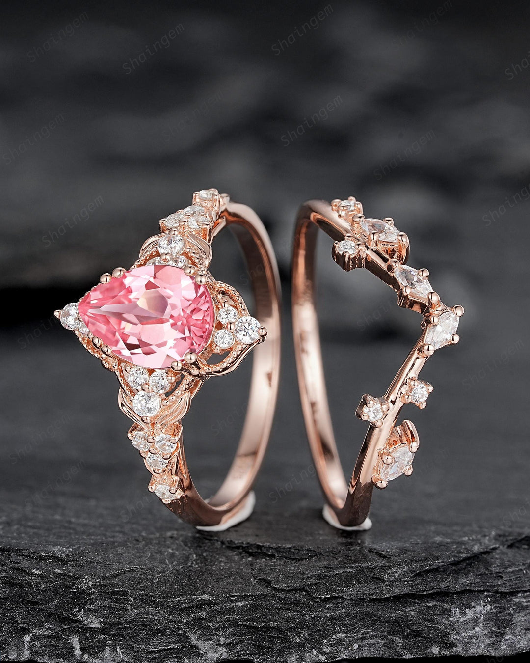Vintage Pear Shape Padparadscha Pink Sapphire and Diamond Engagement Ring Set, Rose Gold Twig Branch Wedding Ring Bridal Set, Promise Ring - ShainJewelry