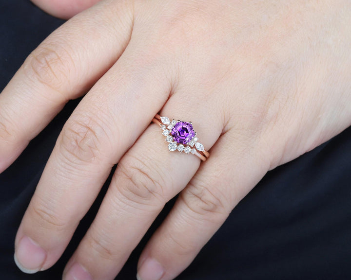 Unique Hexagon Cut Purple Violet Sapphire Engagement Ring Set, Lab Grown Sapphire Rose Gold Wedding Promise Ring Bridal Set Anniversary Gift - ShainJewelry