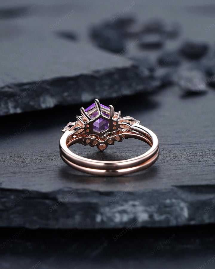 Unique Hexagon Cut Purple Violet Sapphire Engagement Ring Set, Lab Grown Sapphire Rose Gold Wedding Promise Ring Bridal Set Anniversary Gift - ShainJewelry