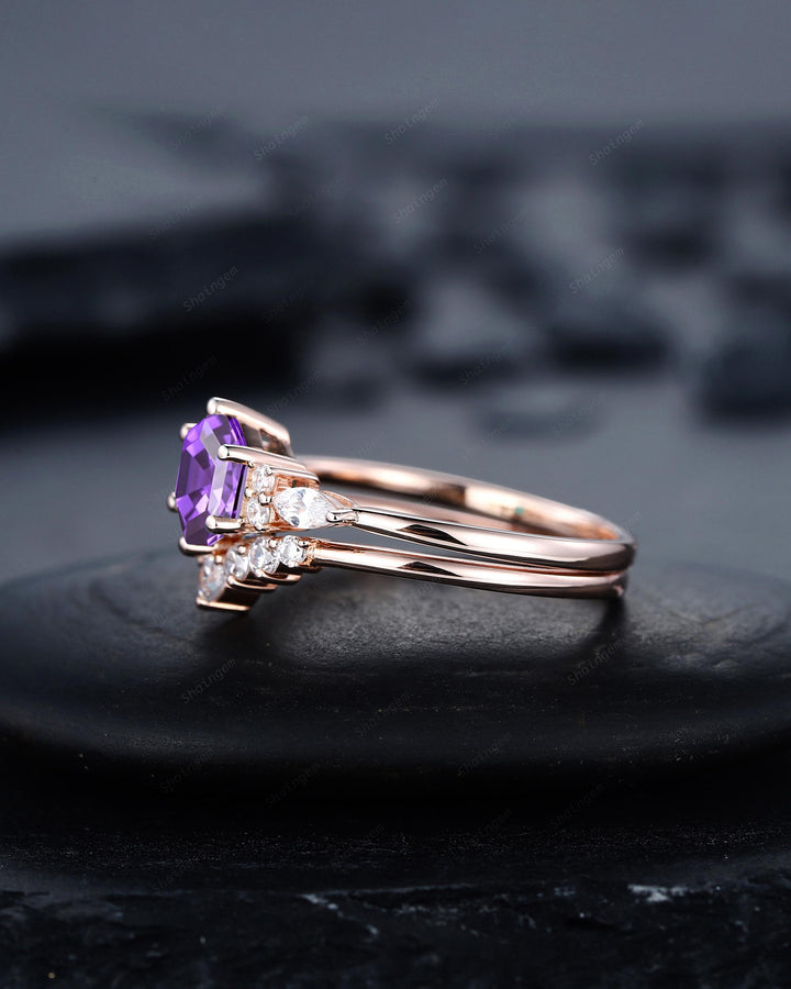 Unique Hexagon Cut Purple Violet Sapphire Engagement Ring Set, Lab Grown Sapphire Rose Gold Wedding Promise Ring Bridal Set Anniversary Gift - ShainJewelry