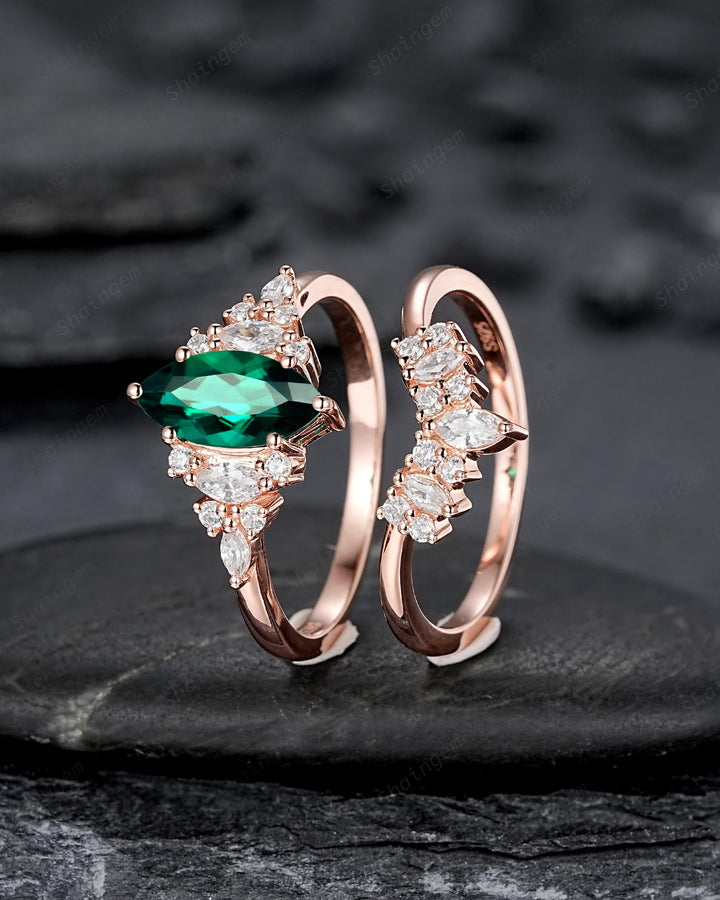 Vintage Marquise Cut Green Emerald Cluster Engagement Ring Set, V Shape Rose Gold May Birthstone Promise Ring, Wedding Ring Gift for Women - ShainJewelry
