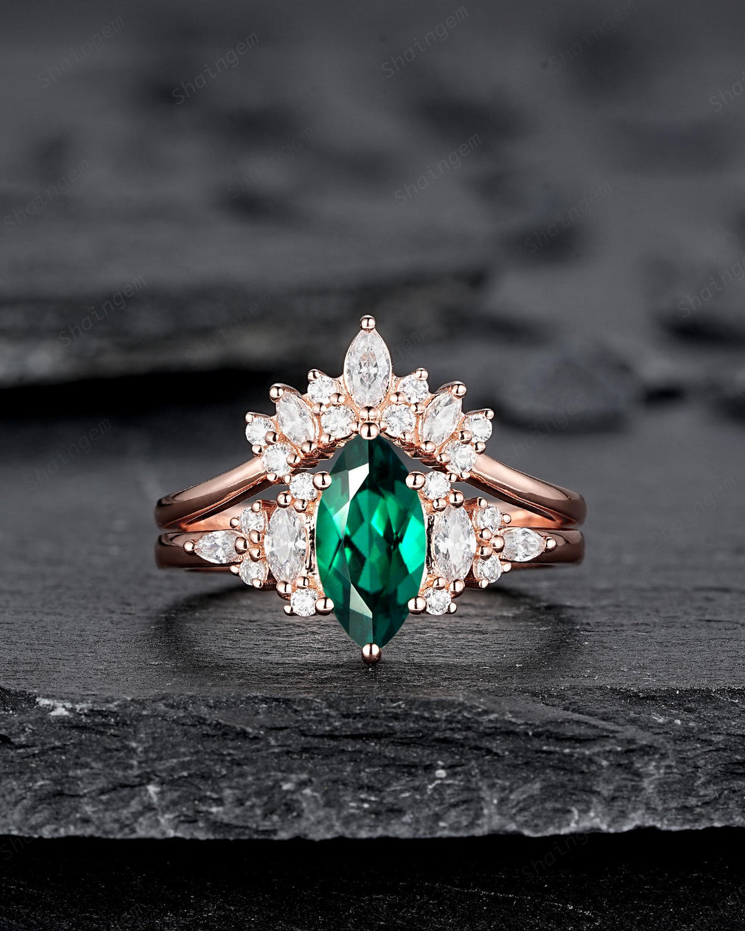 Vintage Marquise Cut Green Emerald Cluster Engagement Ring Set, V Shape Rose Gold May Birthstone Promise Ring, Wedding Ring Gift for Women - ShainJewelry