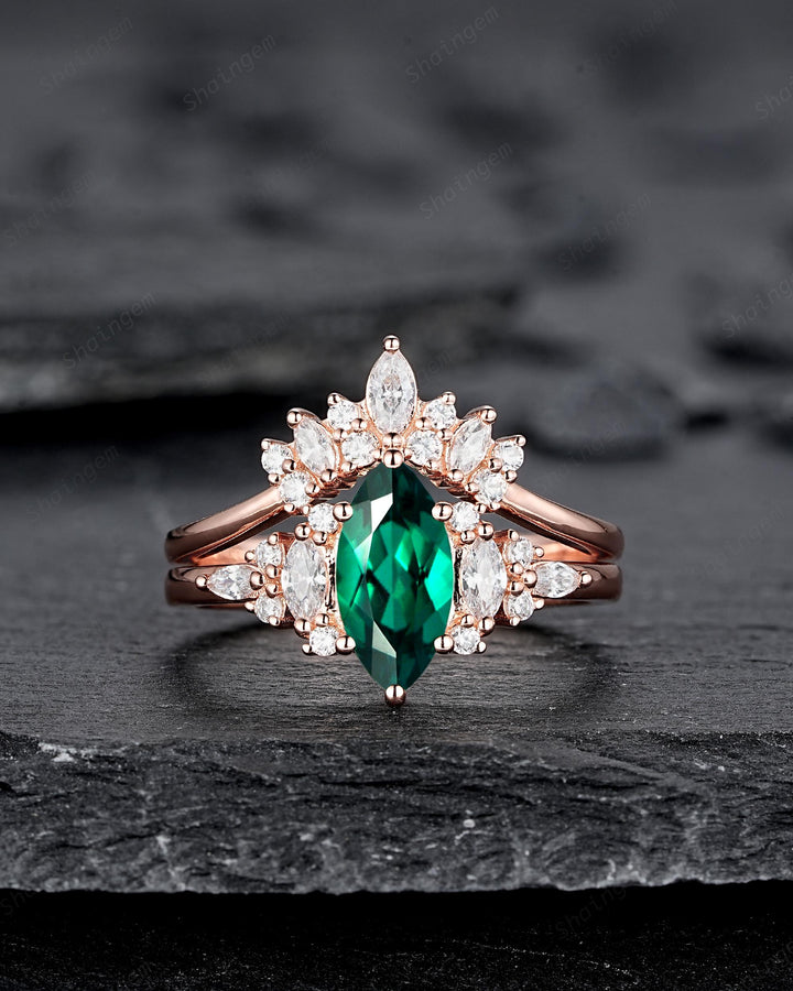 Vintage Marquise Cut Green Emerald Cluster Engagement Ring Set, V Shape Rose Gold May Birthstone Promise Ring, Wedding Ring Gift for Women - ShainJewelry