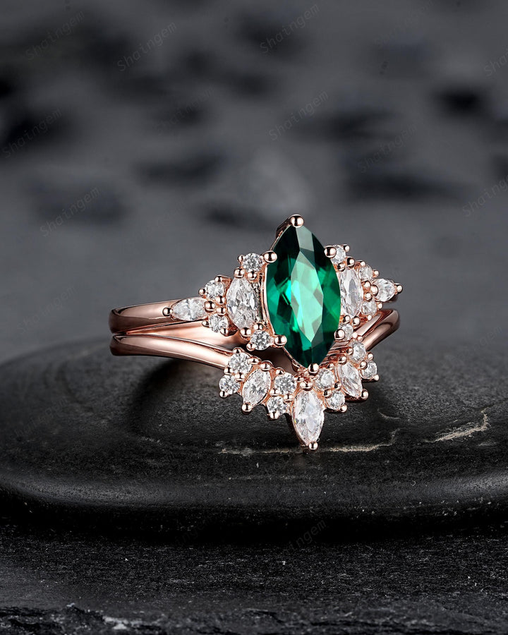Vintage Marquise Cut Green Emerald Cluster Engagement Ring Set, V Shape Rose Gold May Birthstone Promise Ring, Wedding Ring Gift for Women - ShainJewelry