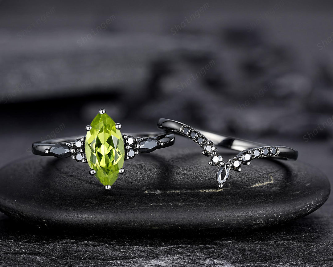 Gothic Marquise Cut Peridot Black Engagement Ring Set, Unique Black Gold Promise Ring, Rhodium Black Wedding Ring, Dark Bridal Set for Women - ShainJewelry