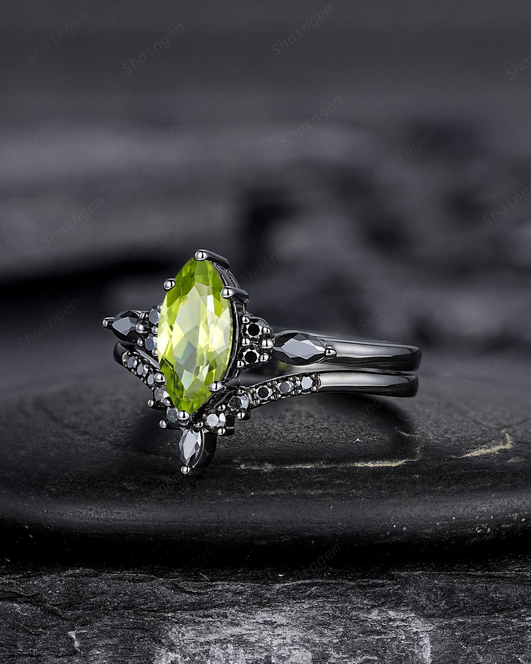 Gothic Marquise Cut Peridot Black Engagement Ring Set, Unique Black Gold Promise Ring, Rhodium Black Wedding Ring, Dark Bridal Set for Women - ShainJewelry