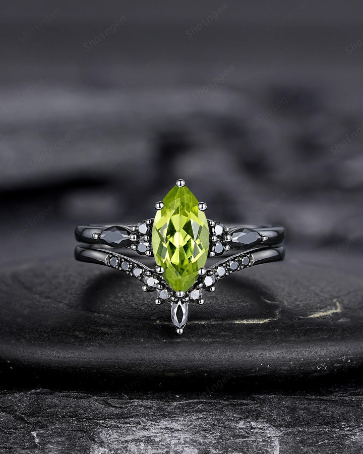 Gothic Marquise Cut Peridot Black Engagement Ring Set, Unique Black Gold Promise Ring, Rhodium Black Wedding Ring, Dark Bridal Set for Women - ShainJewelry