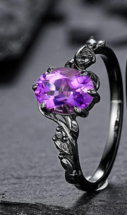 Gothic Oval Shape Amethyst Black Vine Engagement Ring Set, Black Gold Leaf Promise Ring Set, Rhodium Black Moissanite Twig Branch Ring Gift - ShainJewelry