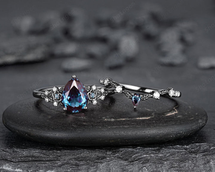Gothic Black Gold Pear Cut Alexandrite Engagement Ring Set, Black Floral Promise Ring Unique Black Rhodium Wedding Ring Bridal Set for Women - ShainJewelry