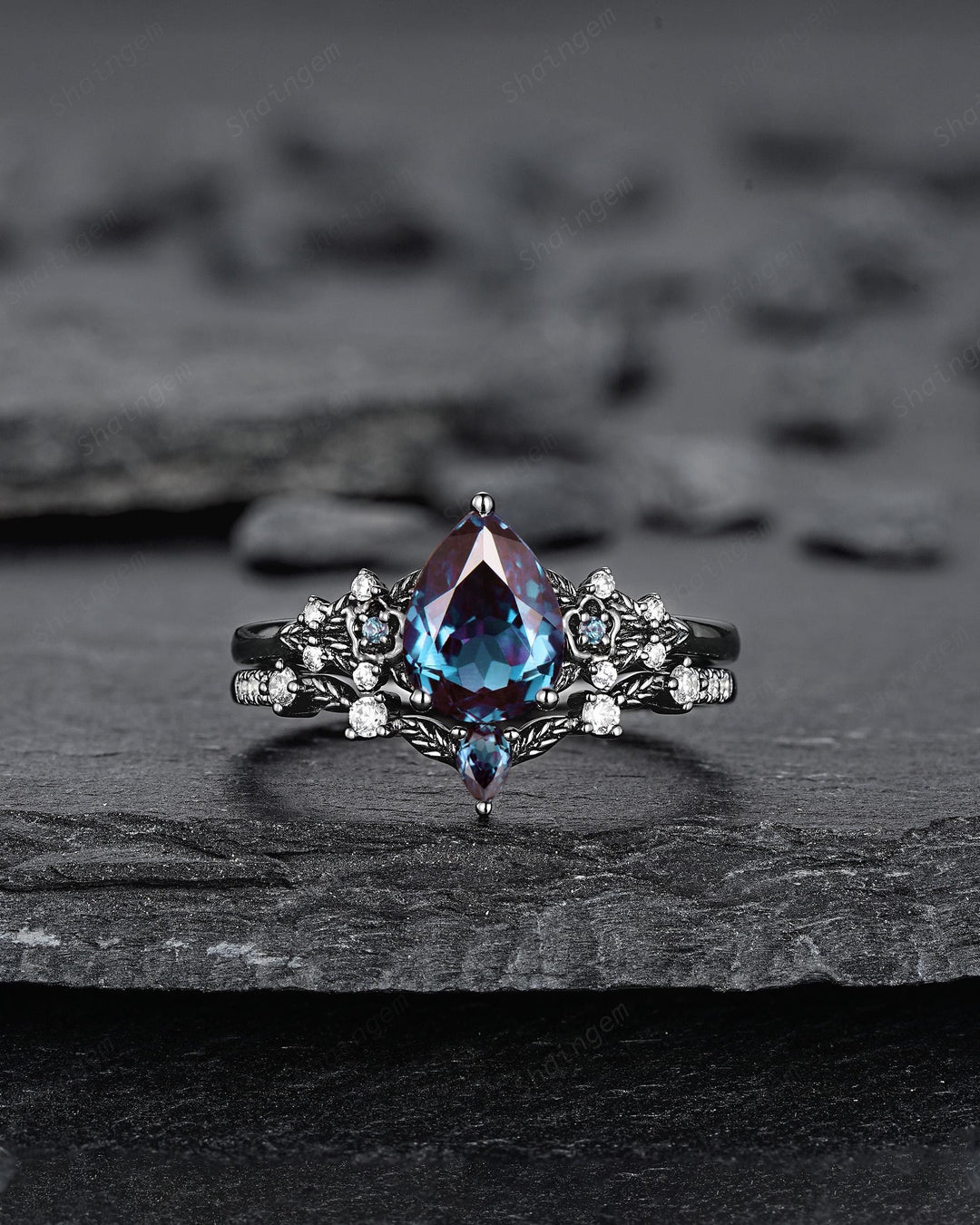 Gothic Black Gold Pear Cut Alexandrite Engagement Ring Set, Black Floral Promise Ring Unique Black Rhodium Wedding Ring Bridal Set for Women - ShainJewelry