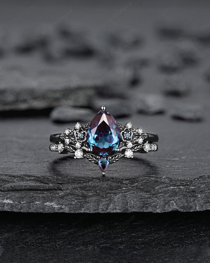 Gothic Black Gold Pear Cut Alexandrite Engagement Ring Set, Black Floral Promise Ring Unique Black Rhodium Wedding Ring Bridal Set for Women - ShainJewelry