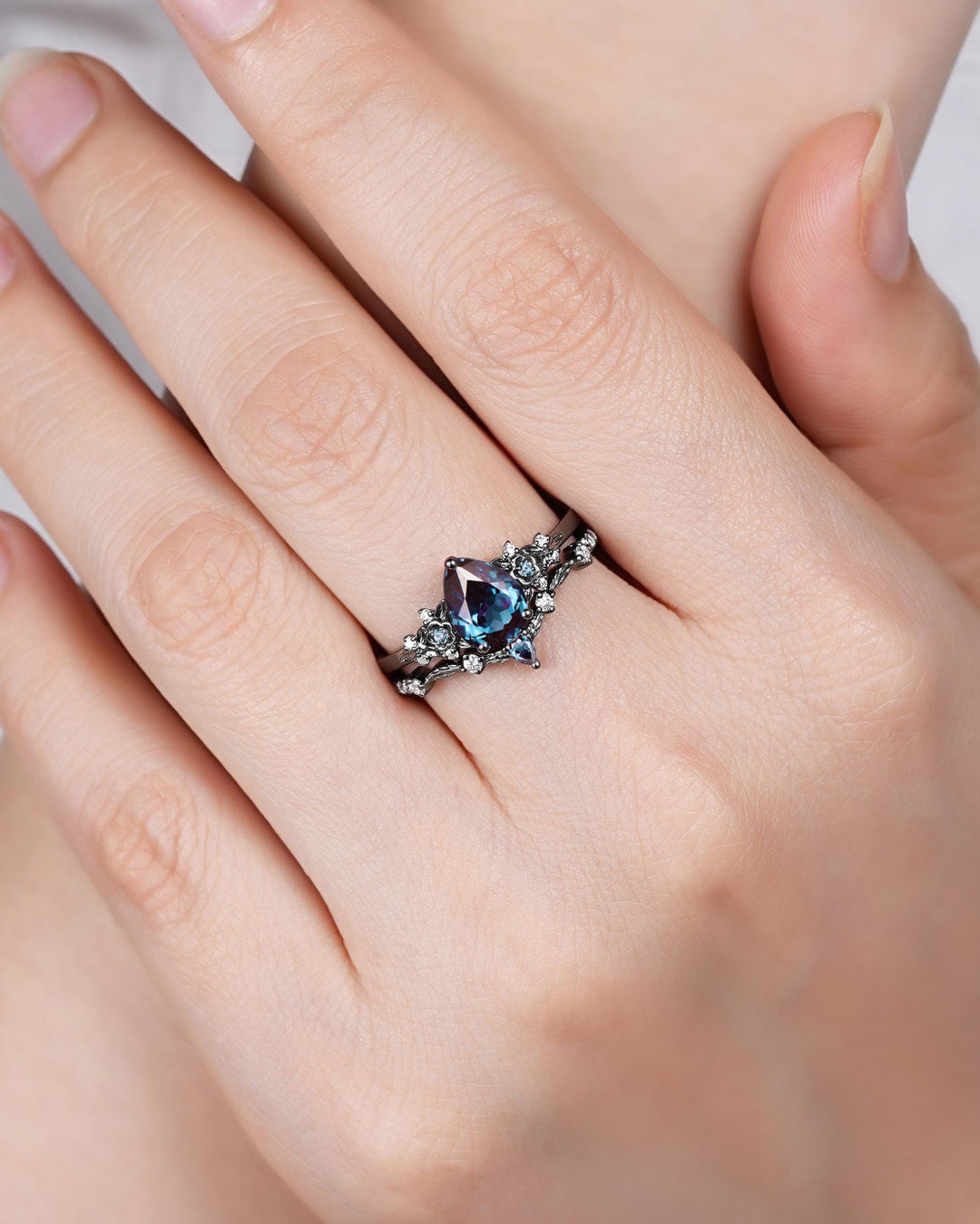 Gothic Black Gold Pear Cut Alexandrite Engagement Ring Set, Black Floral Promise Ring Unique Black Rhodium Wedding Ring Bridal Set for Women - ShainJewelry
