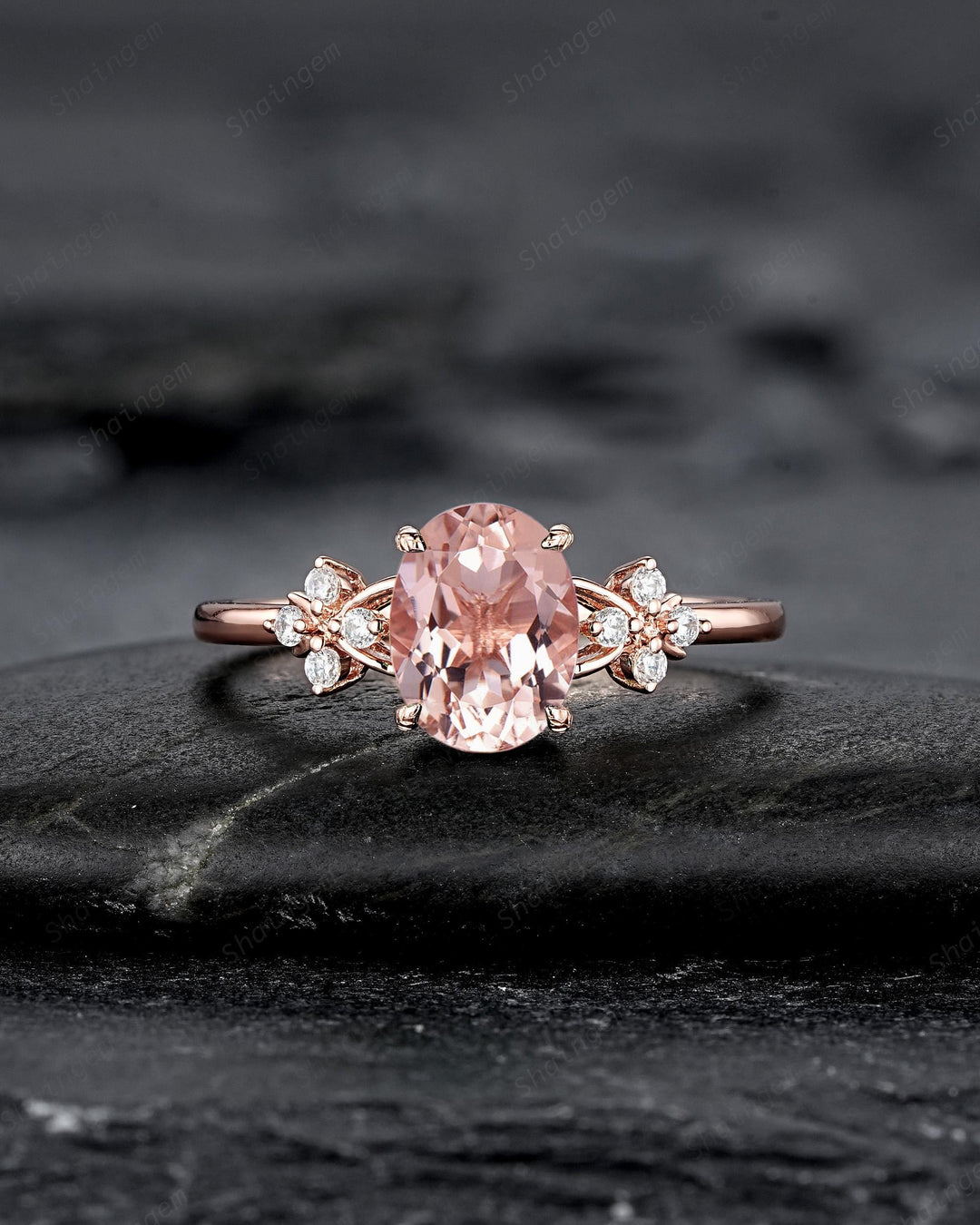 Vintage Oval Pink Morganite Floral Engagement Ring Set, Rose Gold Morganite Wedding Ring, Unique Cluster Bridal Set Promise Ring for Women - ShainJewelry