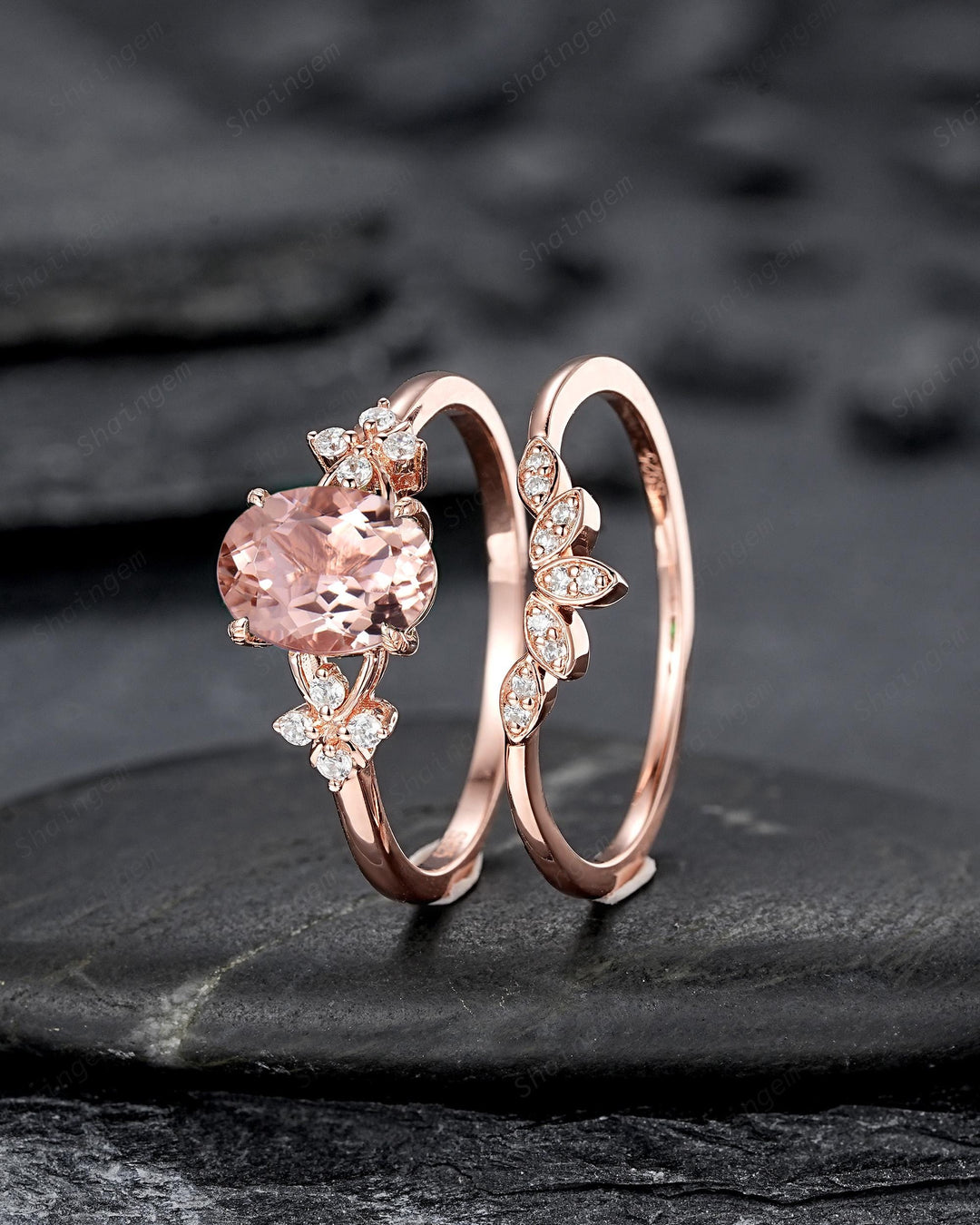 Vintage Oval Pink Morganite Floral Engagement Ring Set, Rose Gold Morganite Wedding Ring, Unique Cluster Bridal Set Promise Ring for Women - ShainJewelry