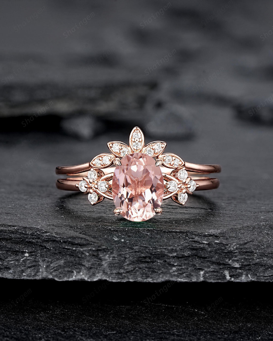 Vintage Oval Pink Morganite Floral Engagement Ring Set, Rose Gold Morganite Wedding Ring, Unique Cluster Bridal Set Promise Ring for Women - ShainJewelry