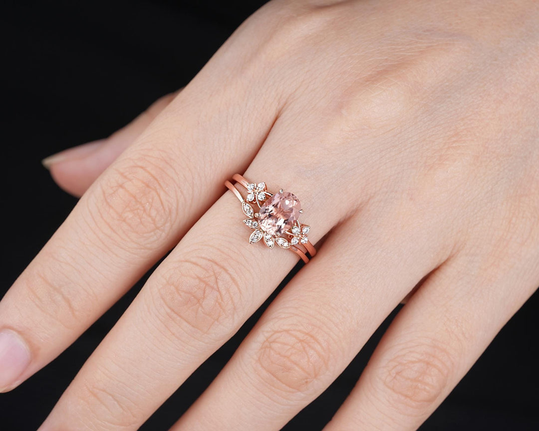 Vintage Oval Pink Morganite Floral Engagement Ring Set, Rose Gold Morganite Wedding Ring, Unique Cluster Bridal Set Promise Ring for Women - ShainJewelry