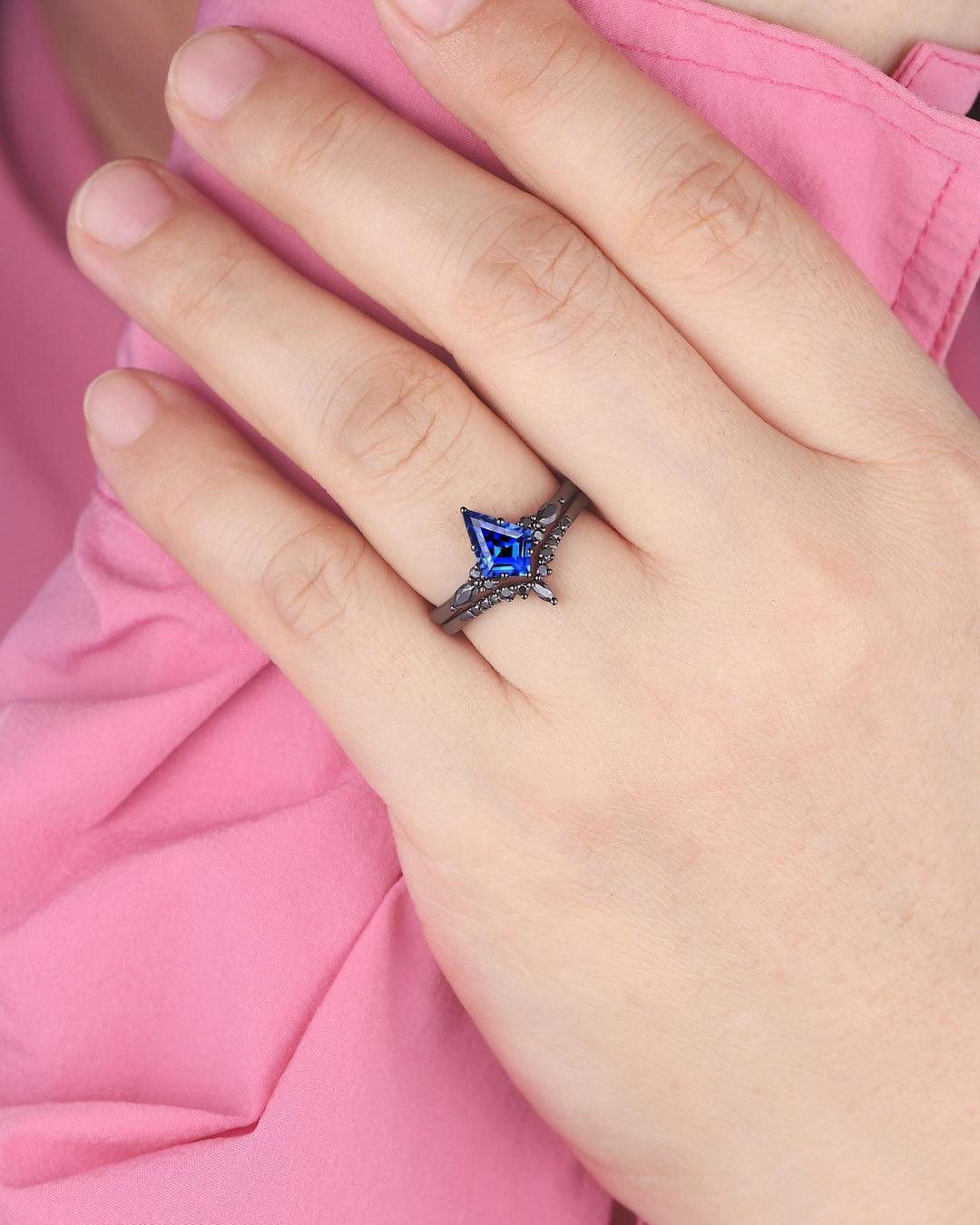 Unique Black Gold Kite Cut Cornflower Blue Sapphire Engagement Ring Set, Gothic Black Rhodium Wedding Ring, Punk Promise Ring Gift for Women - ShainJewelry