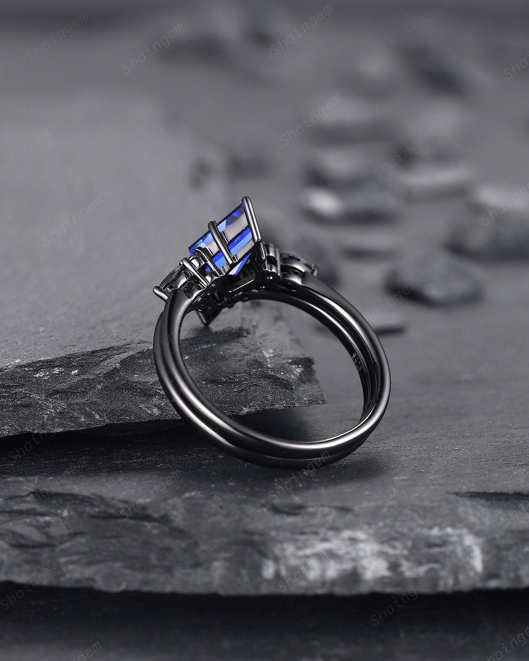 Unique Black Gold Kite Cut Cornflower Blue Sapphire Engagement Ring Set, Gothic Black Rhodium Wedding Ring, Punk Promise Ring Gift for Women - ShainJewelry
