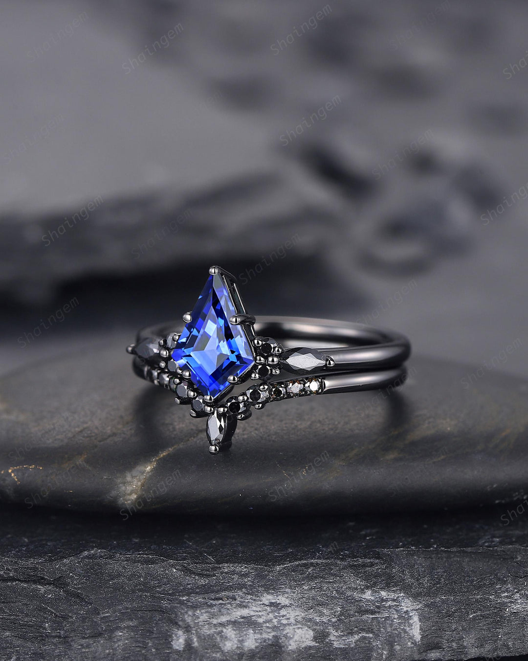 Unique Black Gold Kite Cut Cornflower Blue Sapphire Engagement Ring Set, Gothic Black Rhodium Wedding Ring, Punk Promise Ring Gift for Women - ShainJewelry