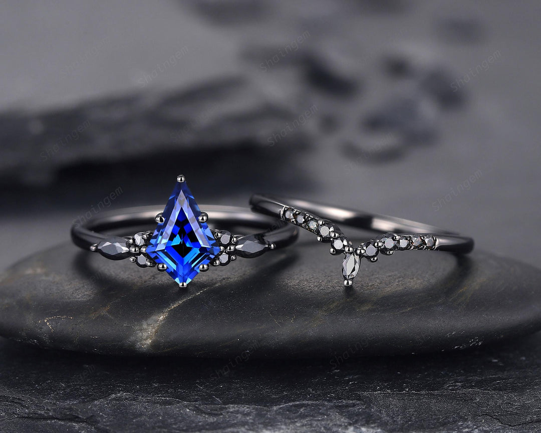Unique Black Gold Kite Cut Cornflower Blue Sapphire Engagement Ring Set, Gothic Black Rhodium Wedding Ring, Punk Promise Ring Gift for Women - ShainJewelry