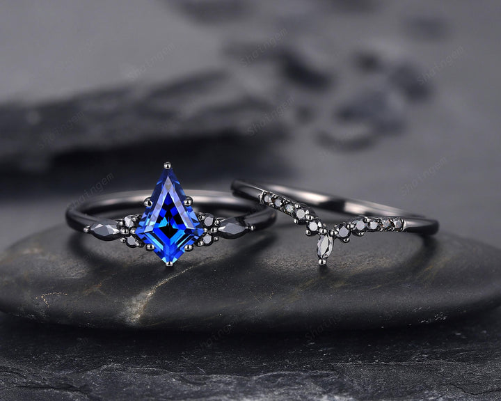Unique Black Gold Kite Cut Cornflower Blue Sapphire Engagement Ring Set, Gothic Black Rhodium Wedding Ring, Punk Promise Ring Gift for Women - ShainJewelry