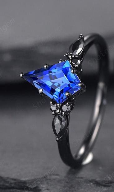 Unique Black Gold Kite Cut Cornflower Blue Sapphire Engagement Ring Set, Gothic Black Rhodium Wedding Ring, Punk Promise Ring Gift for Women - ShainJewelry