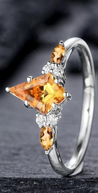 Vintage Kite Cut Citrine and Diamond Engagement Ring Set, Unique 14K White Gold Citrine Promise Ring, Wedding Ring Set Gift for Women - ShainJewelry