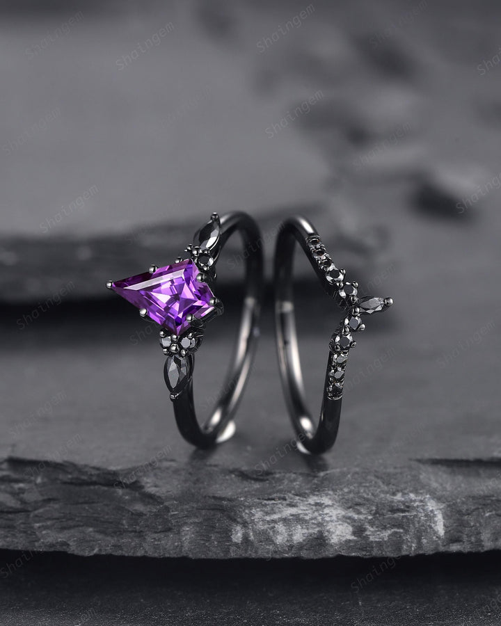 Unique Black Gold Kite Cut Violet Purple Sapphire Engagement Ring Set, Gothic Black Rhodium Wedding Ring, Punk Promise Ring Gift for Women - ShainJewelry