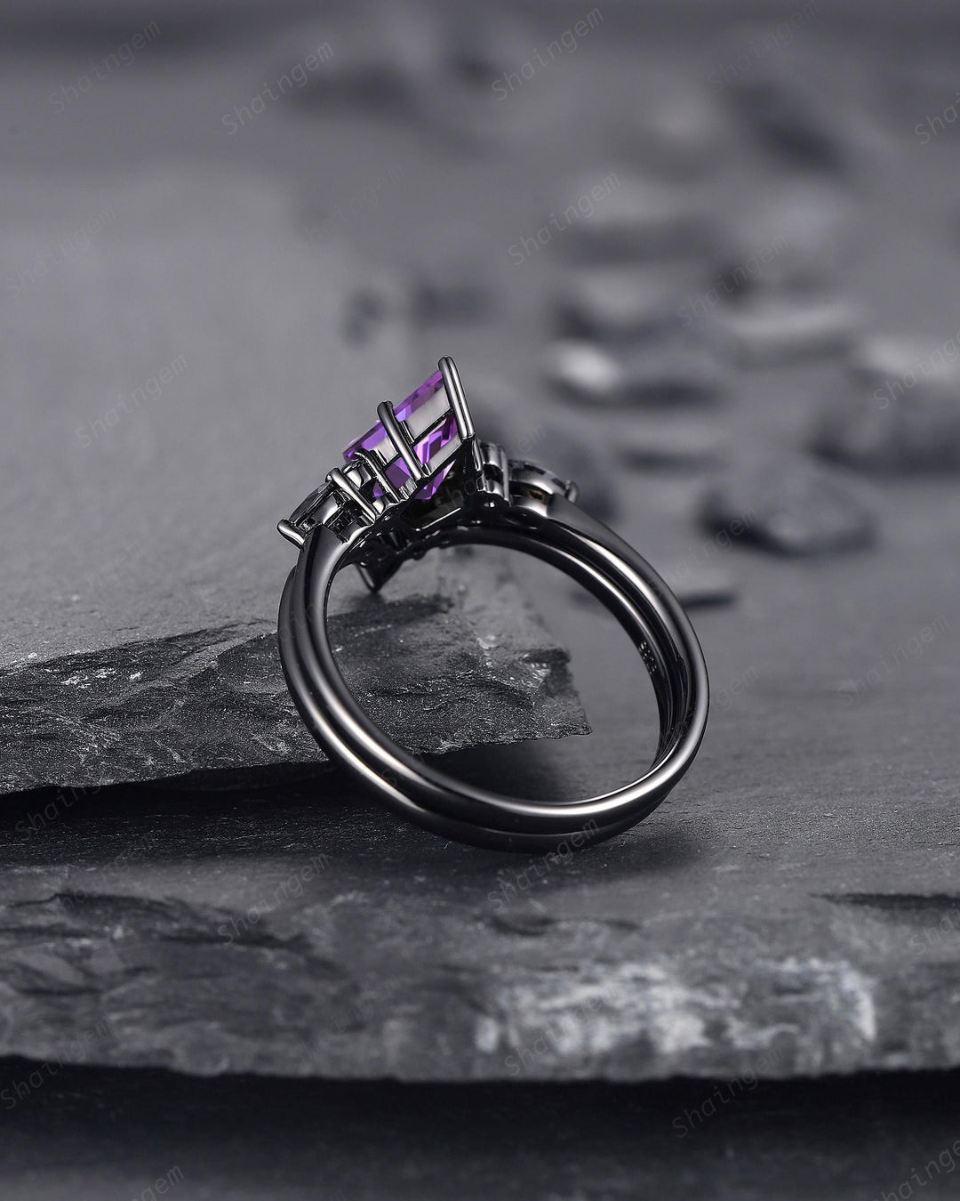 Unique Black Gold Kite Cut Violet Purple Sapphire Engagement Ring Set, Gothic Black Rhodium Wedding Ring, Punk Promise Ring Gift for Women - ShainJewelry