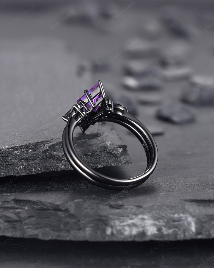 Unique Black Gold Kite Cut Violet Purple Sapphire Engagement Ring Set, Gothic Black Rhodium Wedding Ring, Punk Promise Ring Gift for Women - ShainJewelry