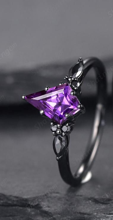 Unique Black Gold Kite Cut Violet Purple Sapphire Engagement Ring Set, Gothic Black Rhodium Wedding Ring, Punk Promise Ring Gift for Women - ShainJewelry